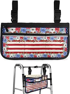 4th of July Florals Wheelchair Side Bag Walker Bag, Independence Day Red Stripes American Star Wheelchair Accessories Armrest Pouch, Organizer Storage Bag for Walkers, Rollators, 7.3'x13'