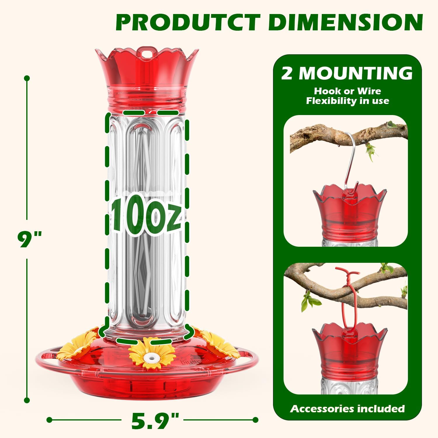 Birdream Hummingbird Feeders for Outdoors Hanging 20 Ounces 10 Feeding Ports, 2 Pack Plastic Humming Bird Feeder with Ant Moat Brush Leak Proof - Red - Image 2