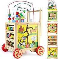 KABENFIS 6-in-1 Wooden Montessori Activity Cube: Bead Maze, Shape Sorter, Abacus for 1-2 Year Old Toddlers - Birthday Sensory Toy