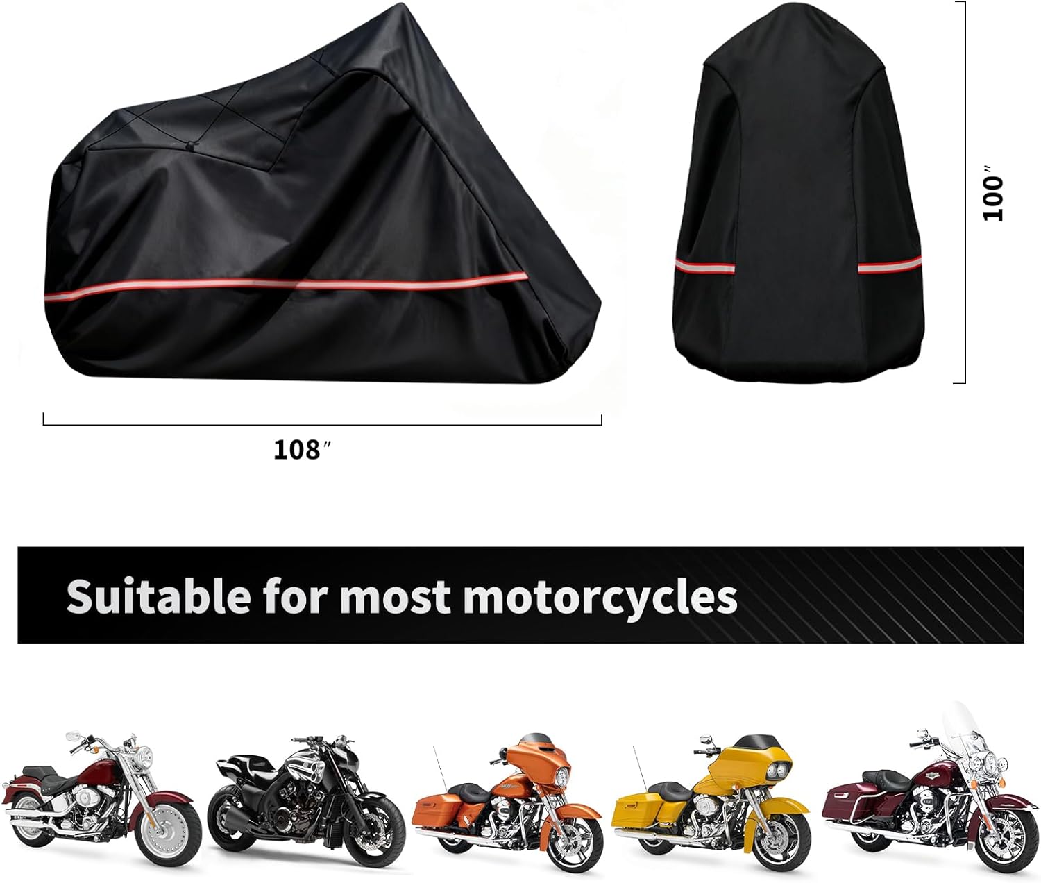 Full Enclosed Motorcycle Cover - Waterproof for Outdoor & Indoor Storage,600D Heavy Duty with Reflective Strips, Fits Scooters & Touring Motorcycles up to Length 108" x 45" x 59" Black