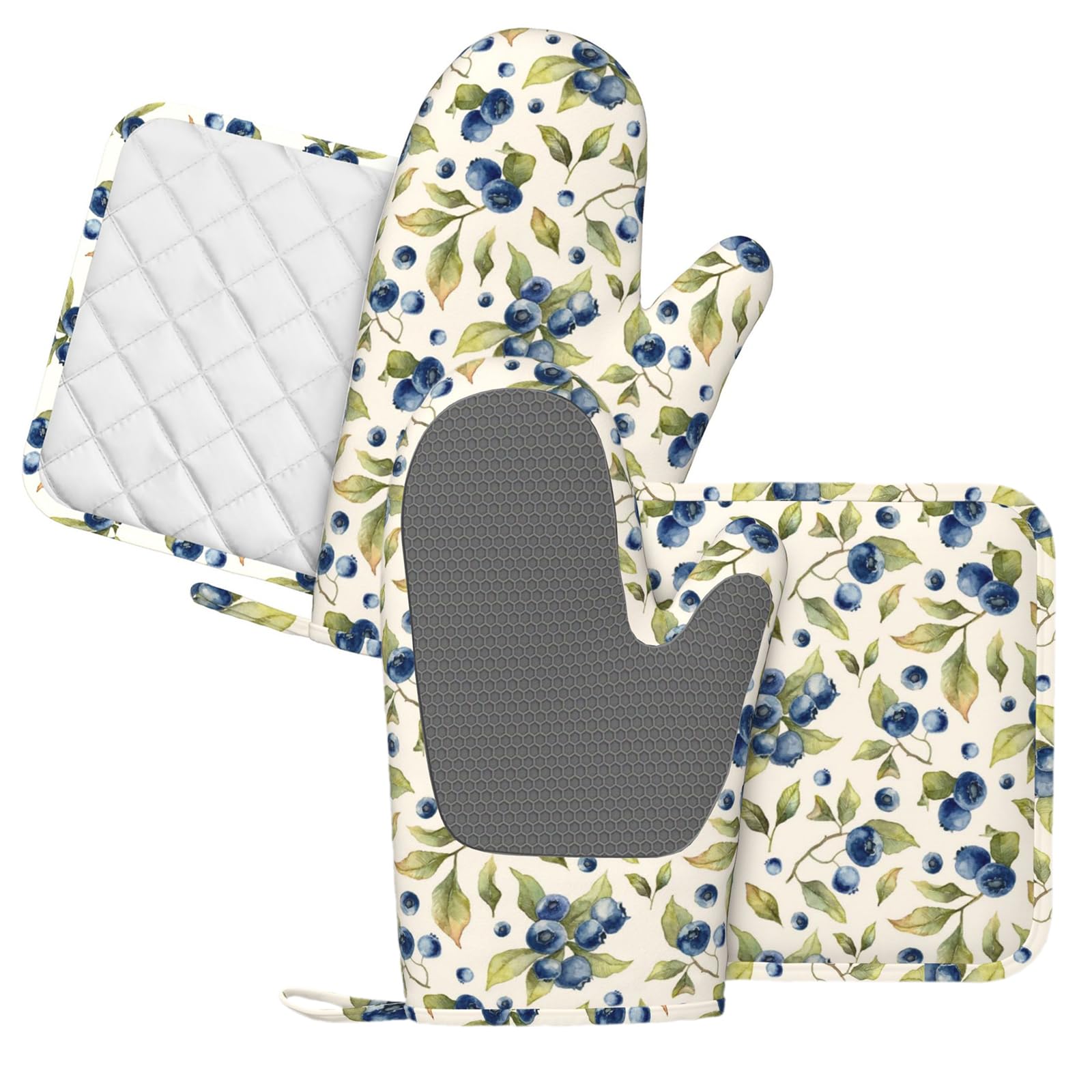 Juego de 4 manoplas de horno y agarraderas de acuarela y arándanos, guantes de horno y agarraderas de frutas azules, resistentes al calor, decoración de hojas botánicas, guantes de cocina