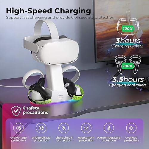 Miniatura 2 de Gamulus Base de carga RGB para Meta Quest 2, controlador de soporte con agarres, auriculares y controladores, soporte de estación de carga magnética