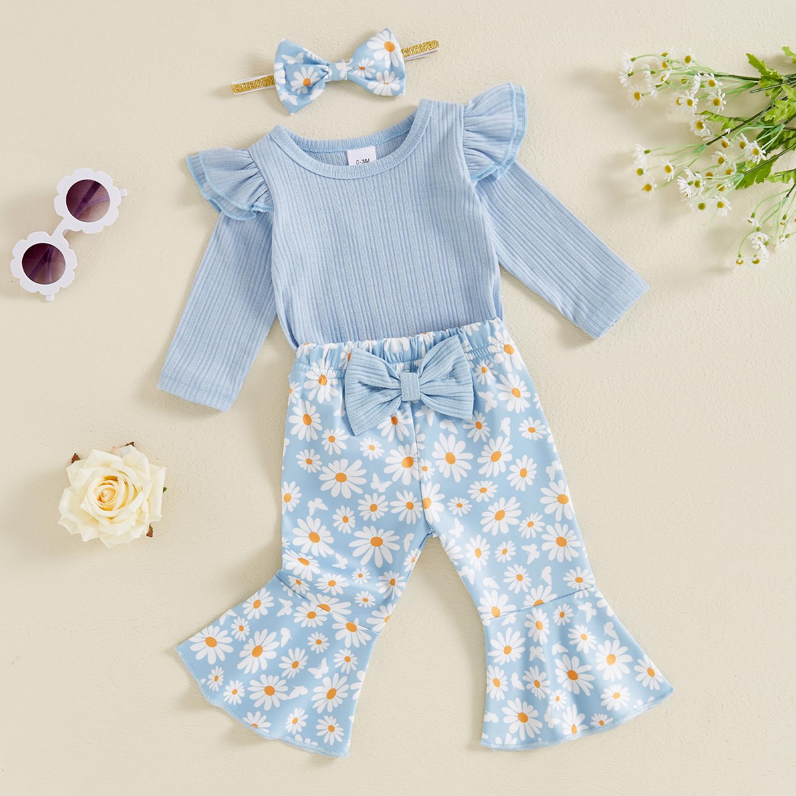 Newborn Baby Girl Fall Outfits Ribbed Long Sleeve Ruffle Romper Floral Flared Pants Headband Set 3Pcs Winter Clothes (A-A Blue, 0-3 Months)