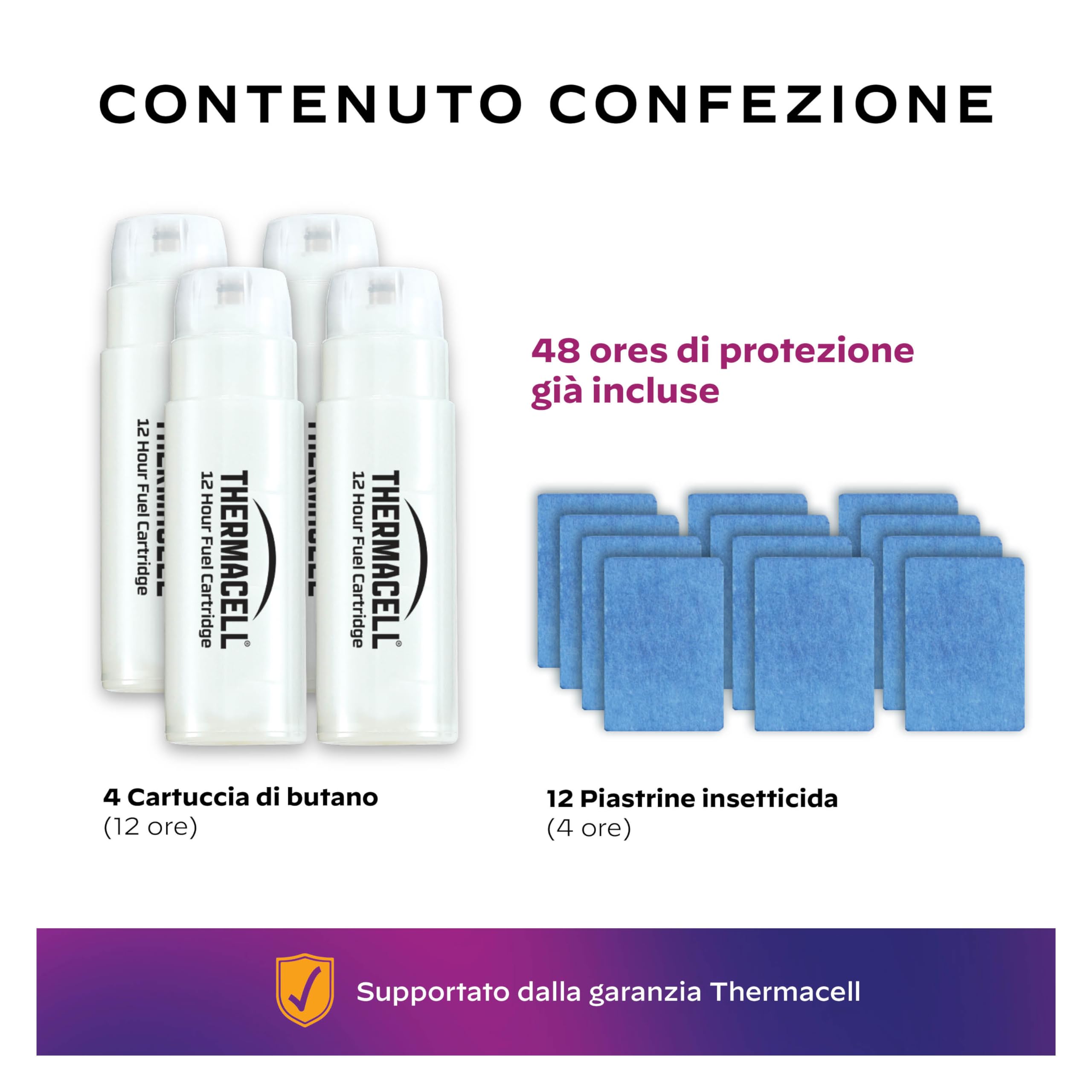 Thermacell Ricarica per Repellente Antizanzare, Protezione 21m², Inodore, Senza Spruzzi, Sicuro per Tutti, 48 Ore di Durata, 4 Cartucce + 12 Piastrine (Confezione da 2)