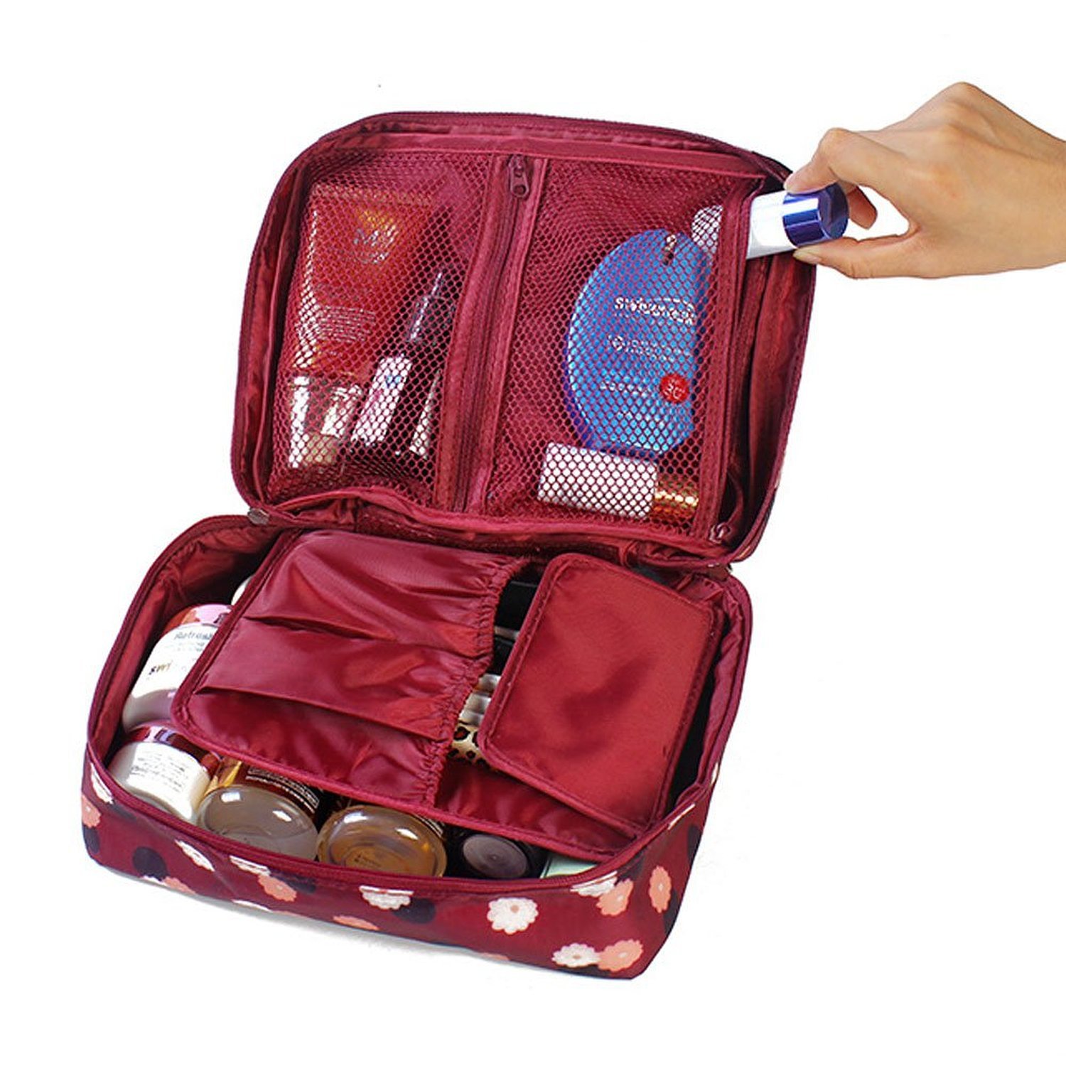 Clear Cosmetic Makeup Bag Toiletry Travel Kit Organizer New 2015 (Flower in Wine Red)
