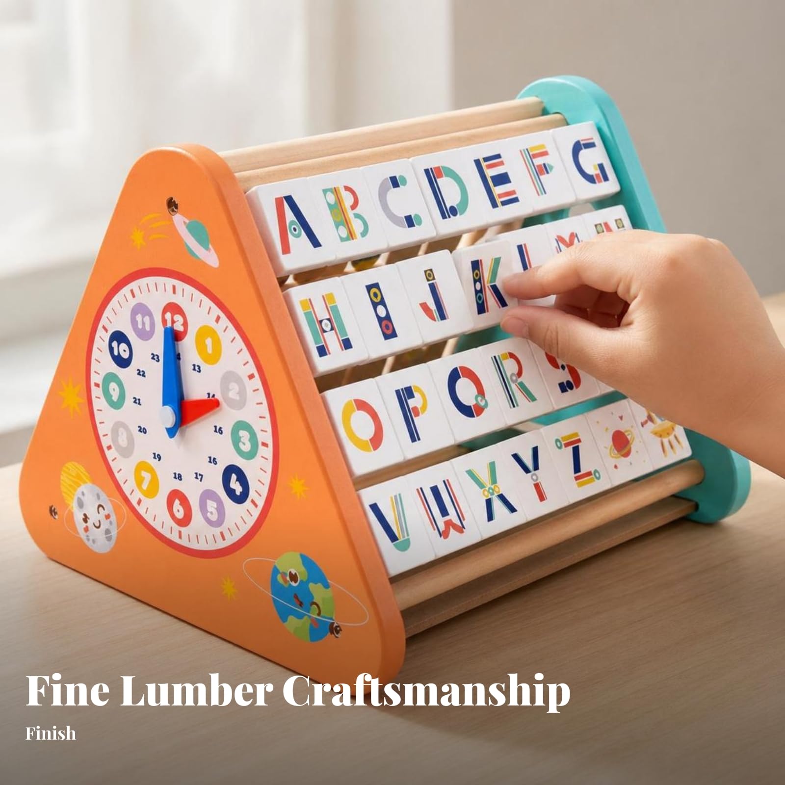 Lernuhr Kinder Lernbrett Uhr Spielbrett Lernboard Holztafel mit Drehzeigern Letter Tiles Und Stiftablage aus Holz für Zahlenverständnis Buchstaben für Kinderzimmer Größe24cm