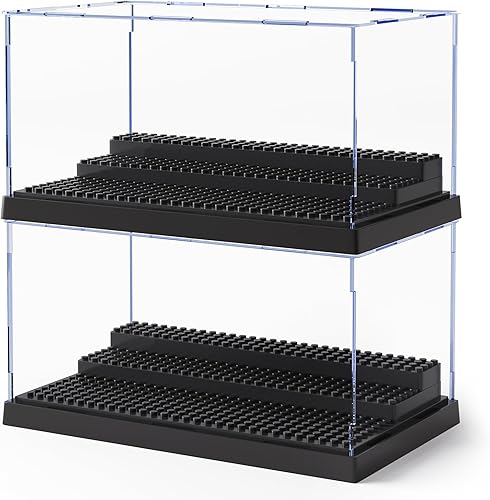Paquete de 2 minifiguras para bloques de figuras de acción, caja de exhibición de acrílico transparente a prueba de polvo con 3 escalones móviles,
