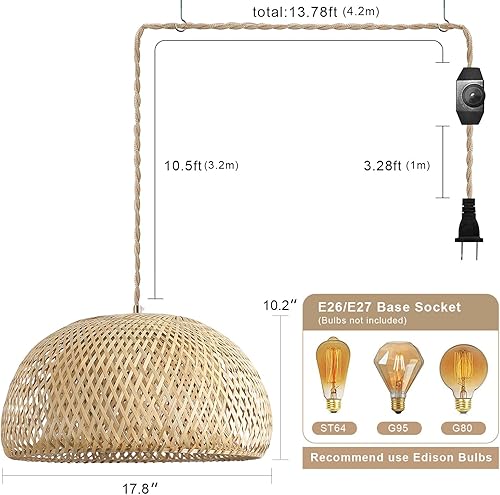 Miniatura 4 de Lámpara colgante grande de bambú con cable de luz tejido hecho a mano de 14 pies, interruptor regulable, lámpara colgante de cesta rústica para