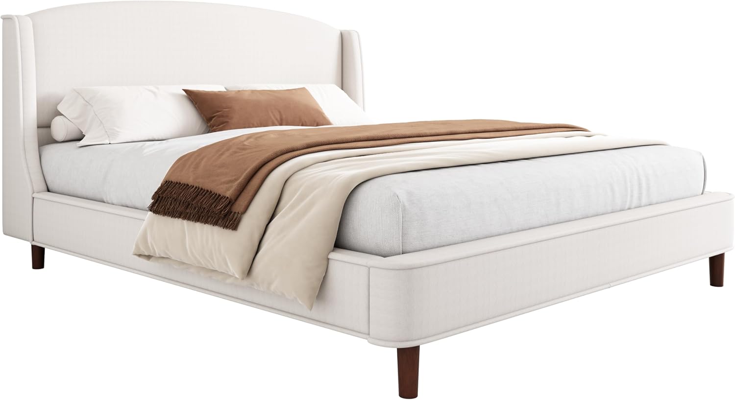 Merax California King Size Plywood Upholstered Platform Bed Frame, with Wingback Headboard, Solid Wood Leg, Box Spring Not Required for Bedroom, Beige