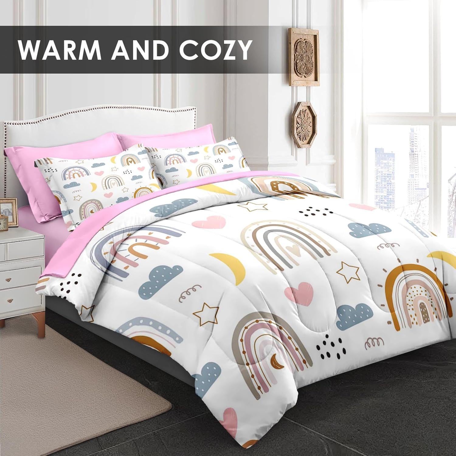 WeCozy 7 Pcs Queen Size Comforter Set with 2 Pillowcases & 2 Shams, Cute Rainbow Nursery Bedding for Kids and Adults, Pink Bedding Set with Flat Fitted Sheet