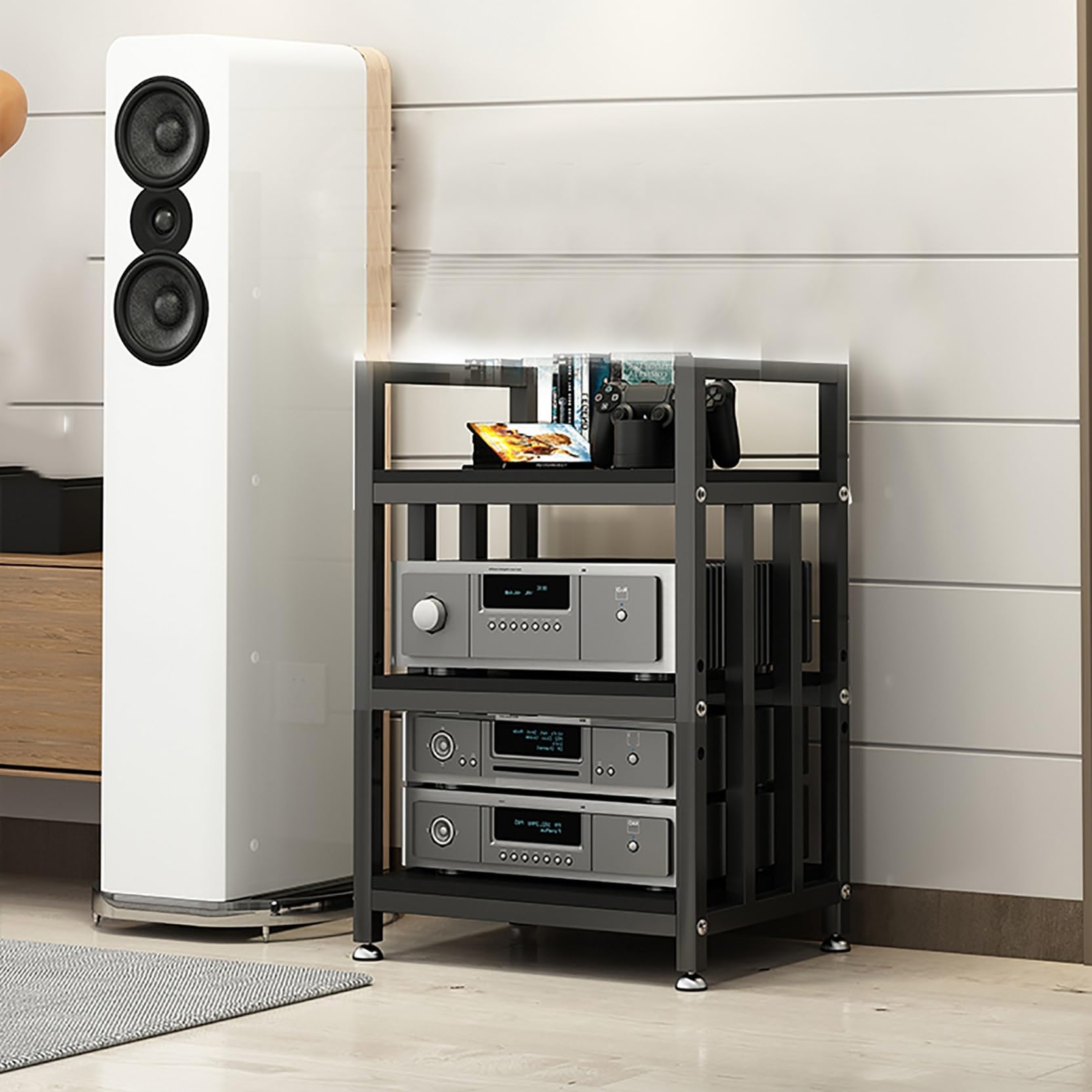 Stojak HiFi – wielowarstwowy stojący stojak audio do przechowywania płyt winylowych, stojak na nośniki AV, czarny (50 cm), idealny do systemów HiFi i audiofilów
