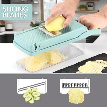 Ourokhome Vegetable Chopper Onion Cutter, 12 in 1 Professional Mandoline Slicer for Kitchen, Multifunctional Food Chopper for Potato, Tomato, Veggie with Strainer Basket, 8 Blades, Blue