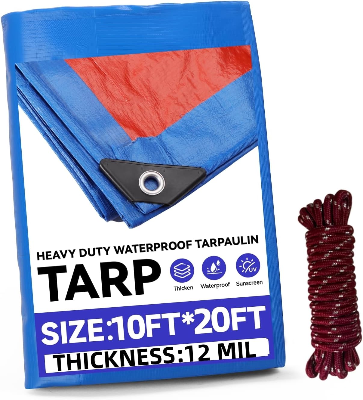 Heavy Duty Blue/Orange Tarpaulin, 8Mil Waterproof UV Resistant Tarp with Grommets, Multipurpose Protective Cover for Outdoor, Camping, Truck, Patio Furniture (10ft*20ft)