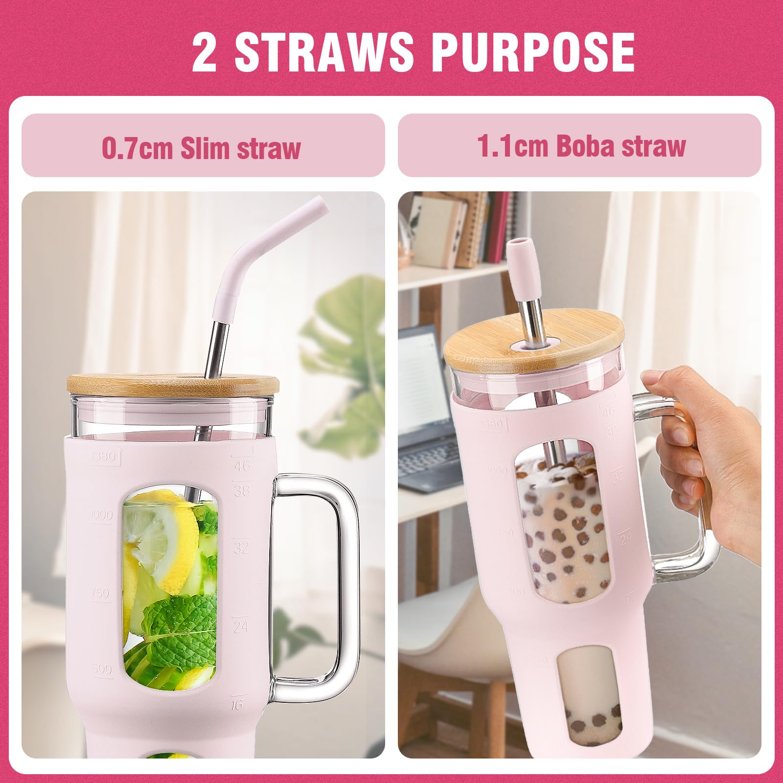 BLUEGO Glass Tumbler with Lid and Straw, 1400ml Iced Coffee Cup with Handle, Glass Water Bottles with Silicone Sleeve - Image 3