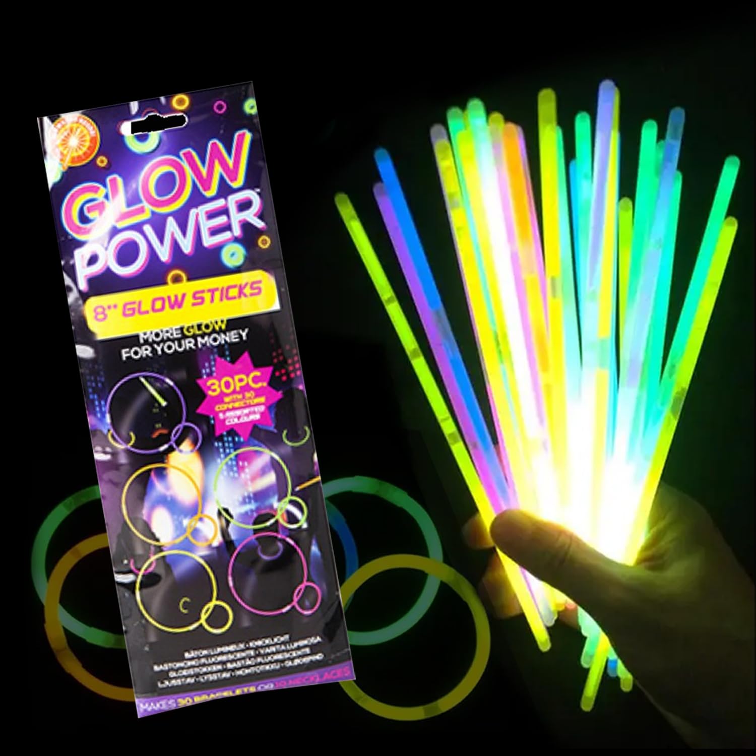 30 Piece Set of Glow Sticks - Assorted Brightly Coloured Party Sticks for Adults and Children, Neon UV Accessories, 20.3cm / 8", Glow in the Dark Lights, Party Games (30 Pieces, 8'' Glow Sticks)