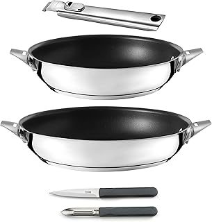 CUISINOX - Eclipse - Set cuisson et coutellerie - Poêles 24/28 cm, éplucheur et couteau office - Poignée amovible inox - Revêtement Céramique - Compatible tous feux dont induction