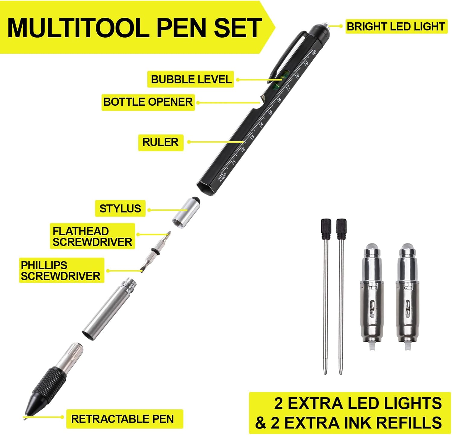 Extendable Magnetic Flashlight with Telescoping Magnet Pickup Tool, 9 in 1 Multitool Pen Set with LED, Stylus, Level, Screwdriver, Flathead, Stocking Stuffers for Men Him Husband Boyfriend Dad Father,