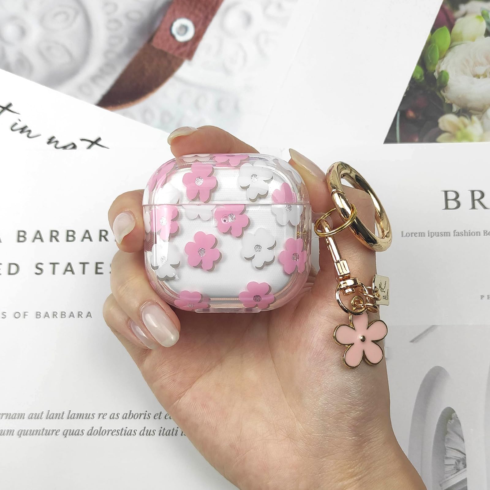Coque AirPods 4 2024 TPU Souple Motif Floral avec Porte-clés et Kit de Nettoyage Rose
