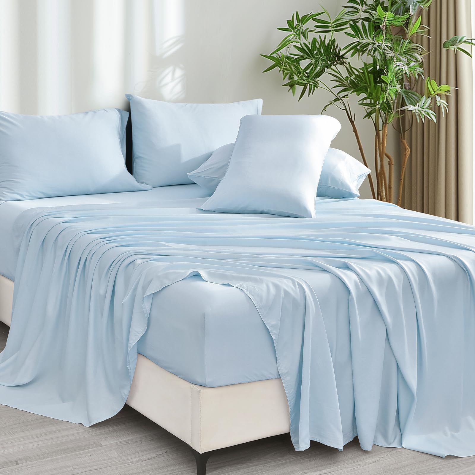 phf 6pcs 100% rayon derived from bamboo_ sheets set king size, cooling sheets for hot sleepers, wider elastic band & 16" deep pocket, luxury silky soft breathable bedding set & pillowcase, sky blue