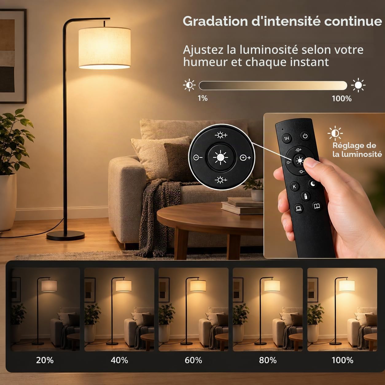 lampadaire sur Pied Salon avec Télécommande, 3 Températures de Couleur
