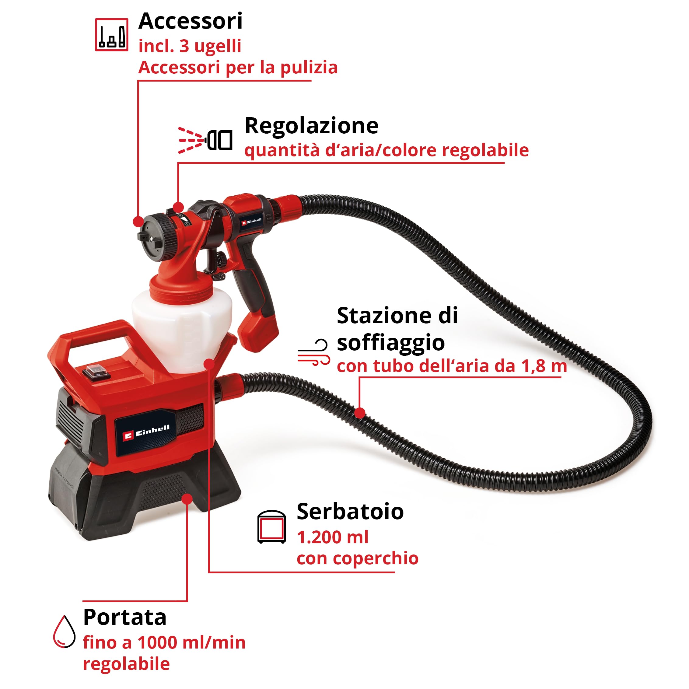 Einhell Sistema di verniciatura a spruzzo TE-SY 18/90 Li-Solo Power X-Change (18 V, portata 1000 ml/min, contenitore 1200 ml, quantità regolabile di aria/vernice, incl. accessori, batteria esclusa)