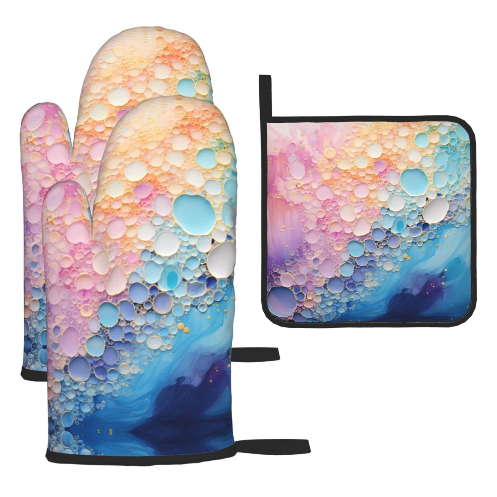 Colorful Blue Marble Oven mittens and oven mitts three-piece set suitable for oven, grilling, baking, microwave and home cooking.