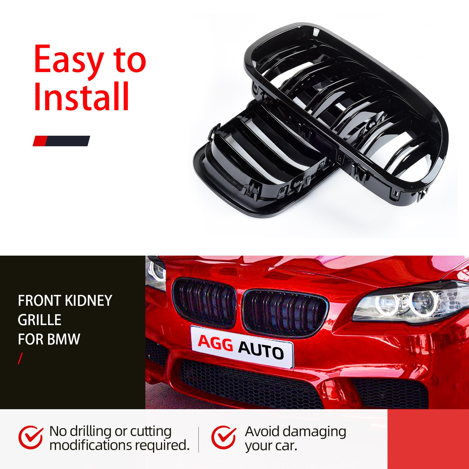 AggAuto Rejilla radiador negro brillante para BMW Serie 5 F10/F11 2010-2016 | 6 barras dobles riñones delanteros, material ABS resistente, instalación sencilla, compatible F10 F11