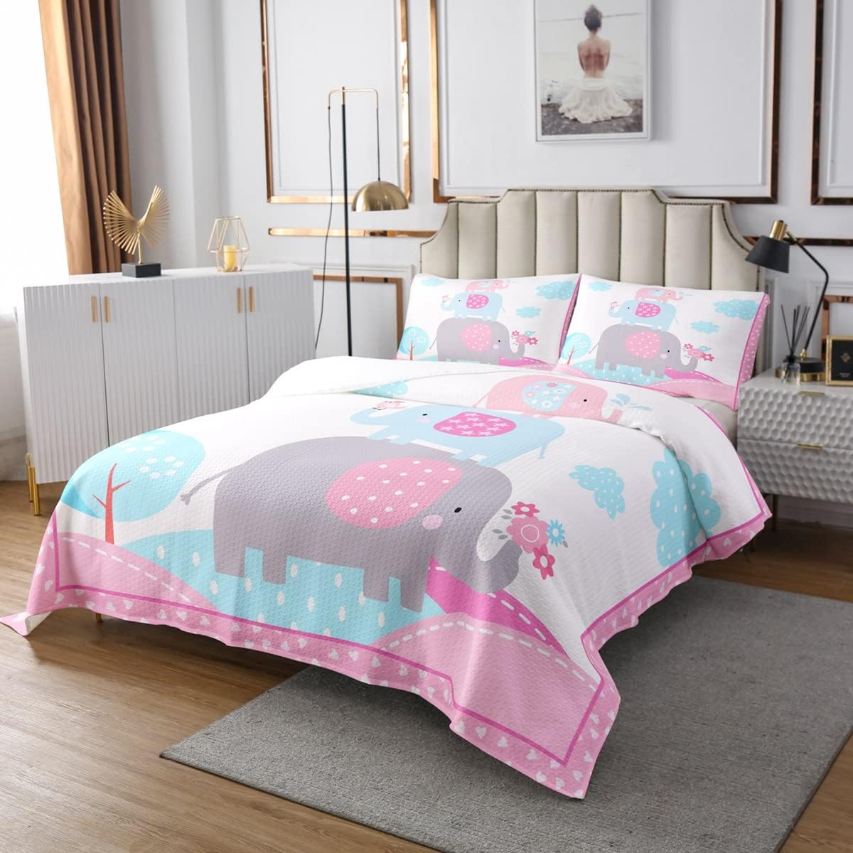 Cute Elephant Bedspread Set Queen Size for Kids,Girls Cartoon Animals Quilt Set Pink Teal White Bedspread Coverlet Kawaii Girly Dreamy Bedspread 3 Piece Decorative Bedding Quilted with 2 Pillow Shams