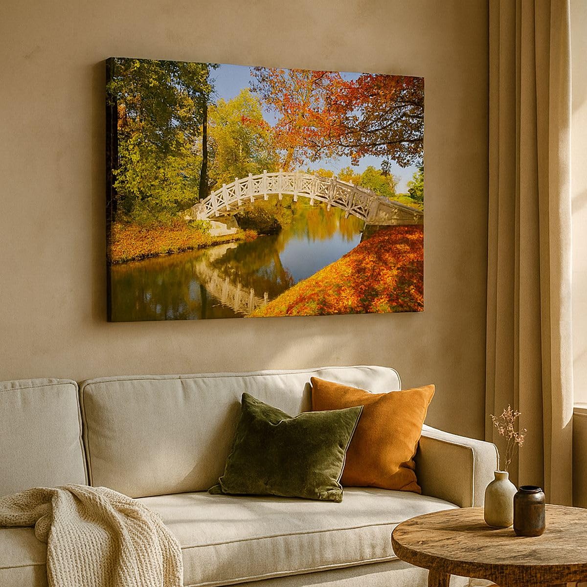 Cuadro Decorativo 100x70cm Moderno Horizontal Paisajes Puentes - 2654 | Arroyo Puente peatonal Otoño Cuadro sobre Lienzo Grande Arte mural Decoración del Hogar Salón Dormitorio Cuadros de Pared