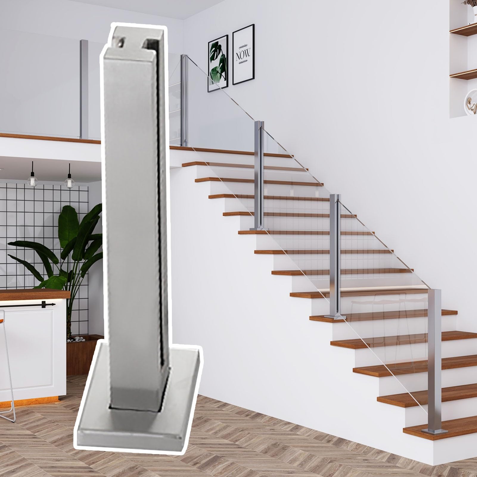 Paletto quadrato in vetro per scale interne, 65-149,9 cm, con clip in acciaio inossidabile 304, elegante per la sicurezza di scale e corridoi