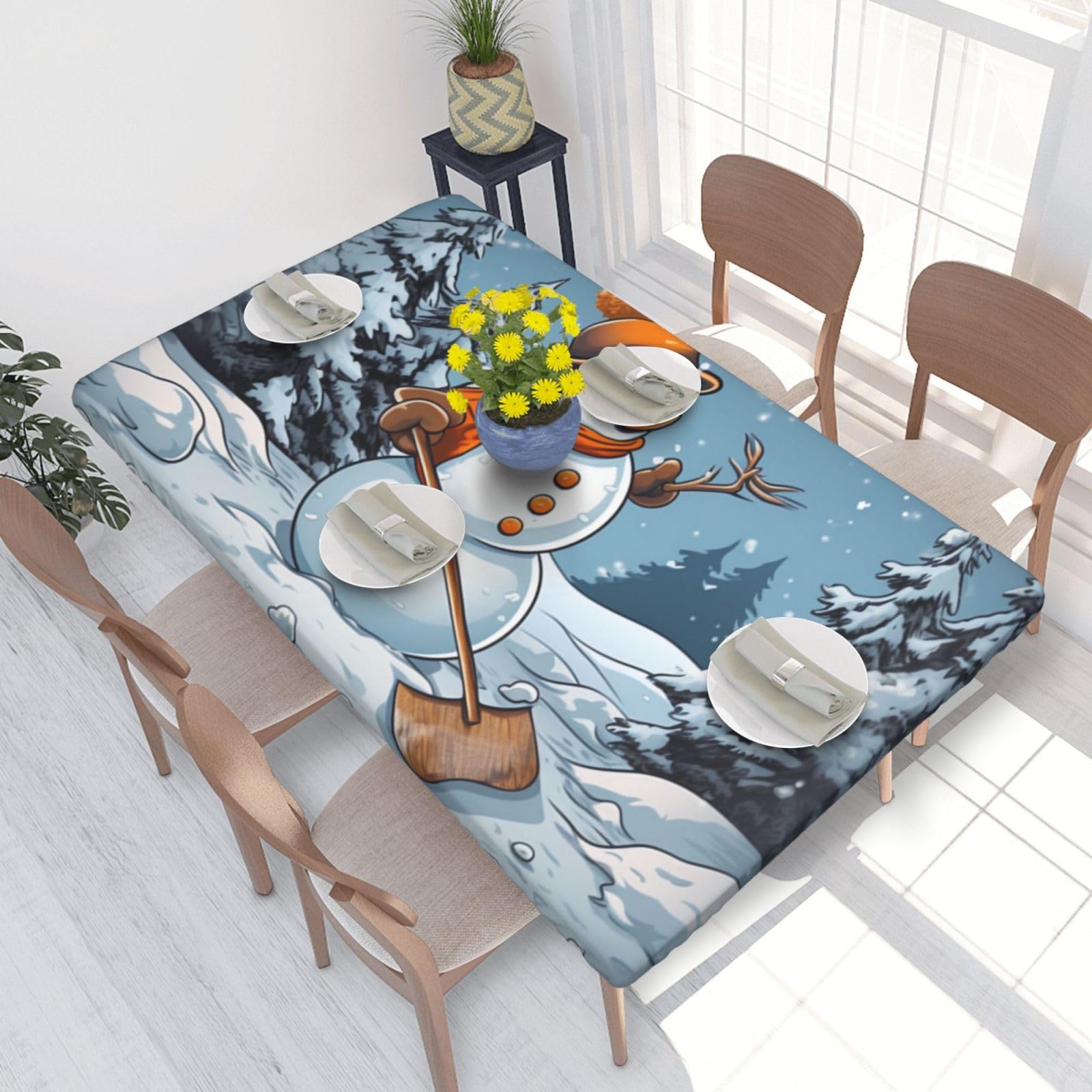 DCARSETCV Hardworking snowman Printed 4FT Waterproof Tablecloth with Elastic Edged Protect & Decor Your Table, Oil-proof Washable Table Cloth Cover for Dinner Picnic Party