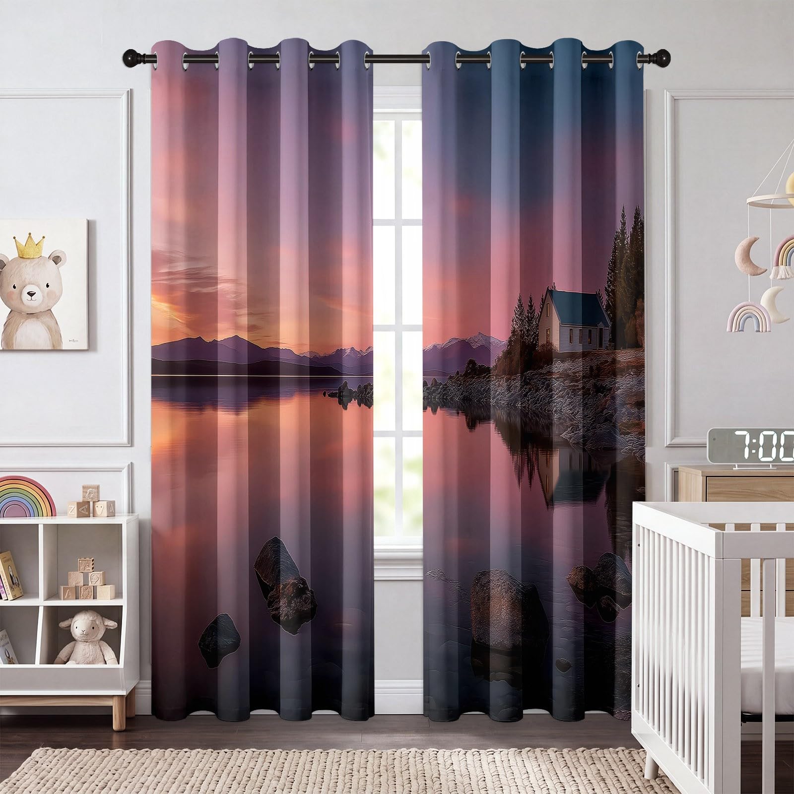 Verdunkelungsvorhänge Kinderzimmer & Schlafzimmer, 2er Pack blickdichte Thermovorhänge mit Modern Kunst Abenddämmerung, Rosa Ösenvorhang Mehrfarbig, B 100 x H 215 cm
