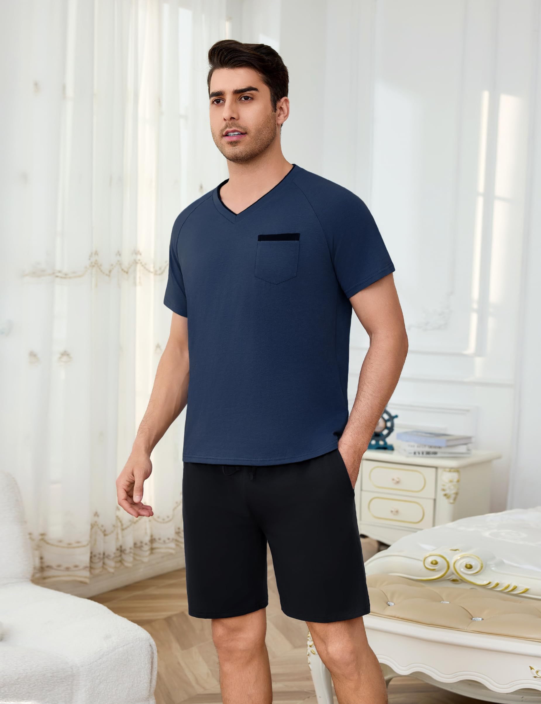 Bresdk Schlafanzug Herren Kurz Sommer Pyjama Set Baumwolle Shorty Kurzer Schlafanzüge mit V-Ausschnitt Schlafanzughose Zweiteilig Set