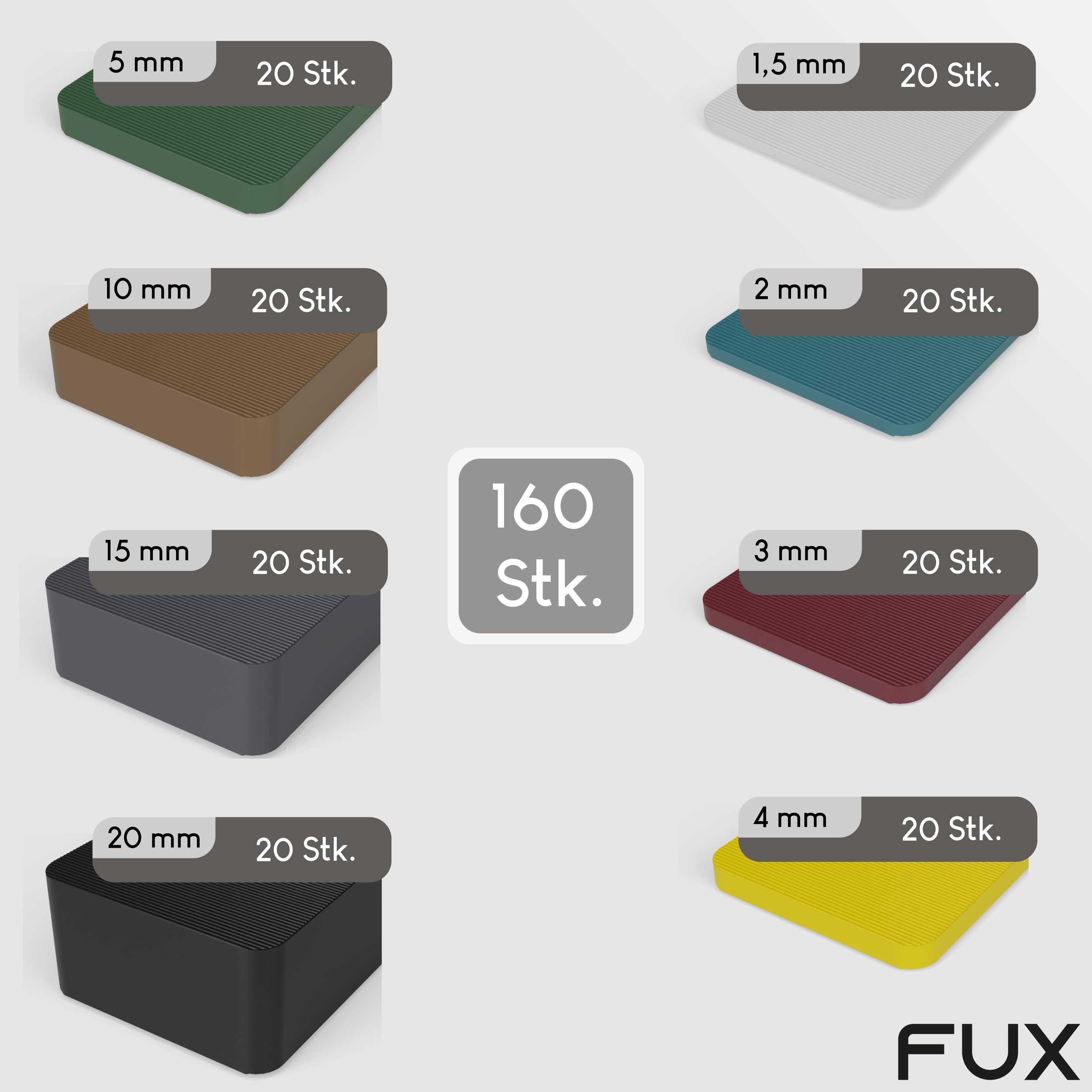 FUX 160 Unterlegplatten Abstandshalter Kunststoff 60x40 mm Mix Set 1,5-20 mm Verglasungsklötze Montagekeile