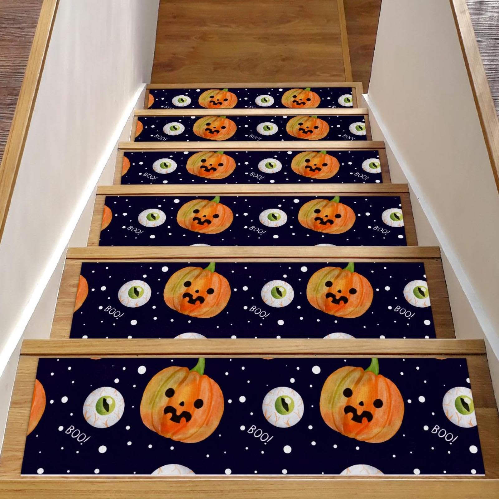 Alfombras para escaleras de madera Halloween calabaza ojo pack de 15 peldaños antideslizantes 8x30