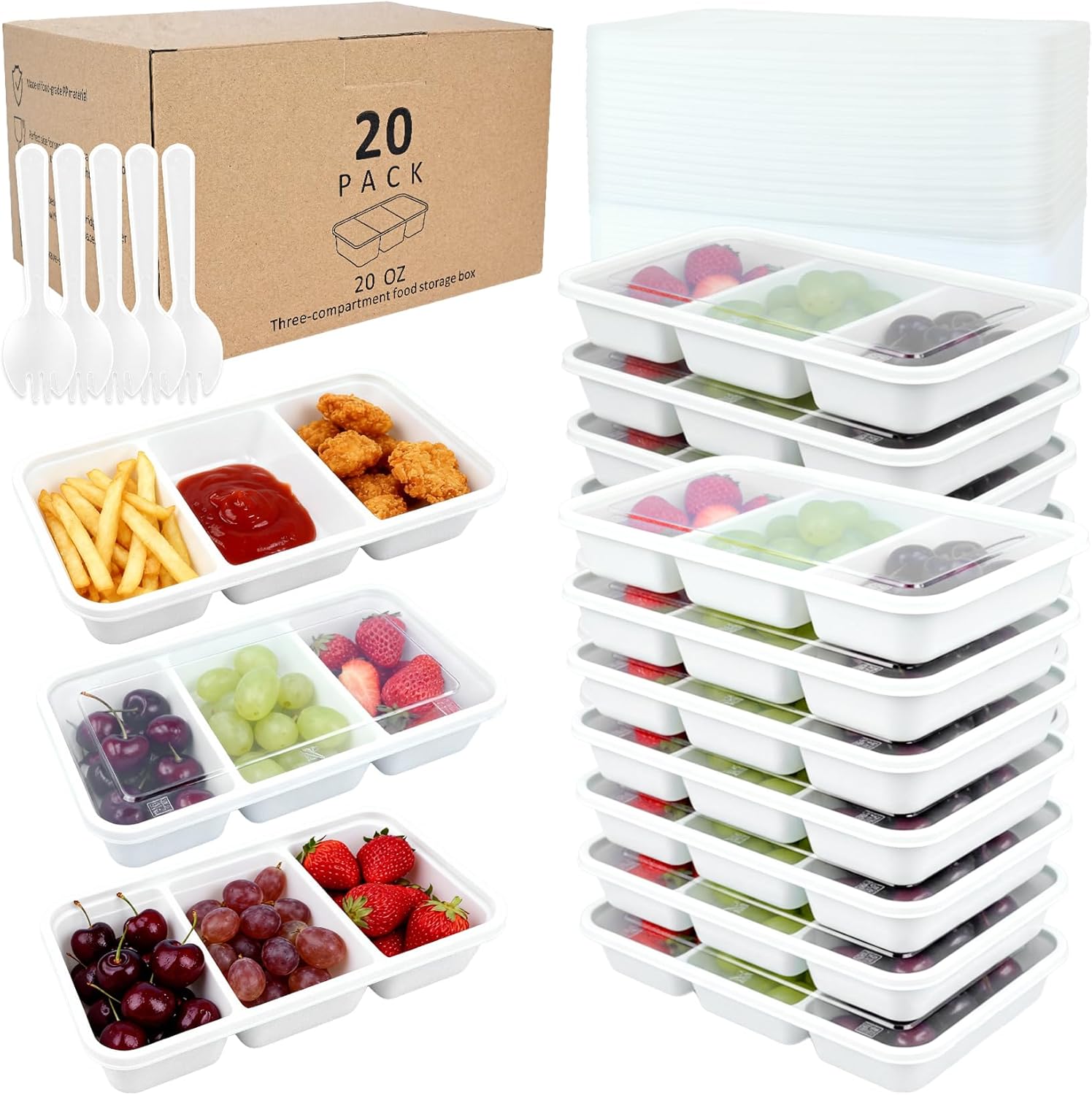 20-Pack Reusable Snack & Meal Prep Containers with Lids – 3 Compartment