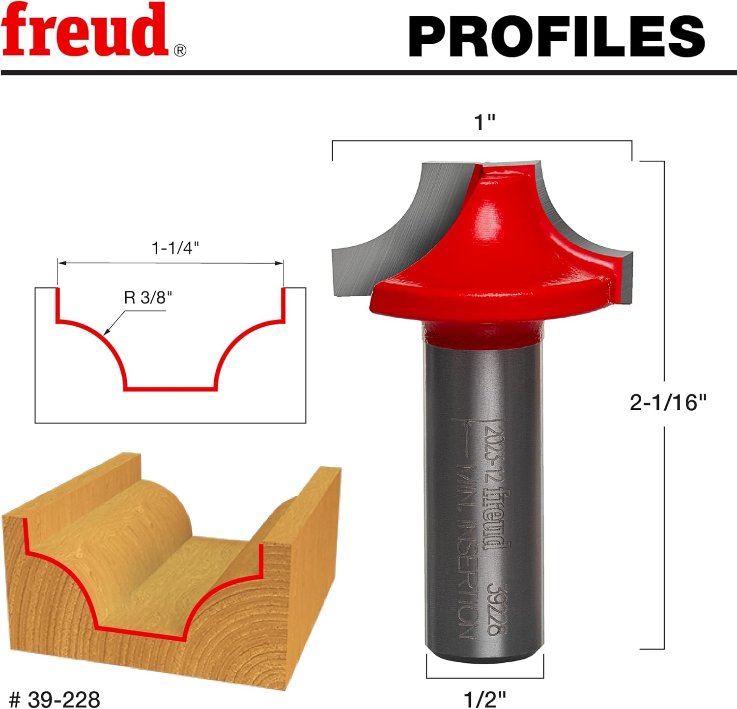 Freud 39-228: 3/8" Radius Ovolo Bit with 1/2" shank, 2-1/16" overall length