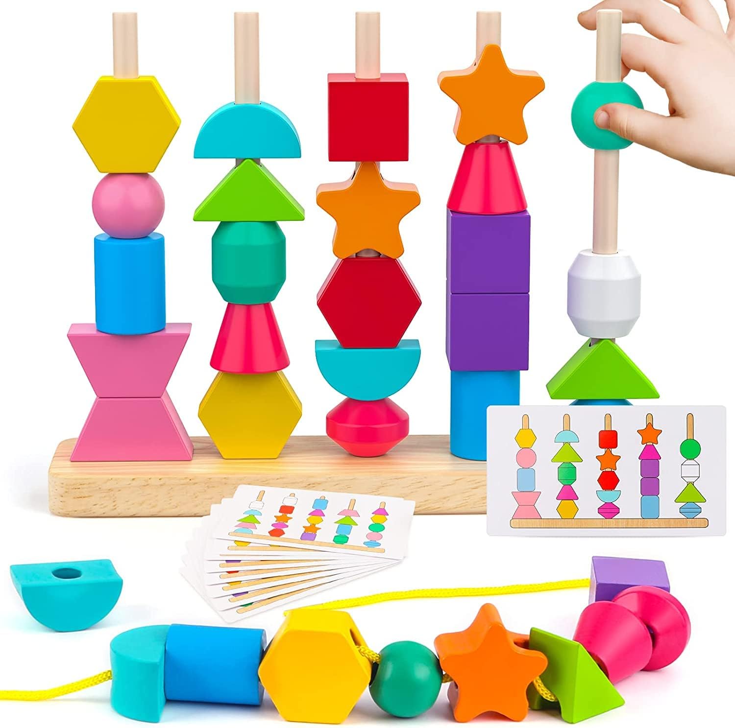 AM ANNA Wooden Beads Sequencing Toy Set, Lacing Beads & Matching Shape,Montessori Toys for 2 3 4 5 Year Old STEM Preschool Education Toys Gifts for Kids Boy Girl