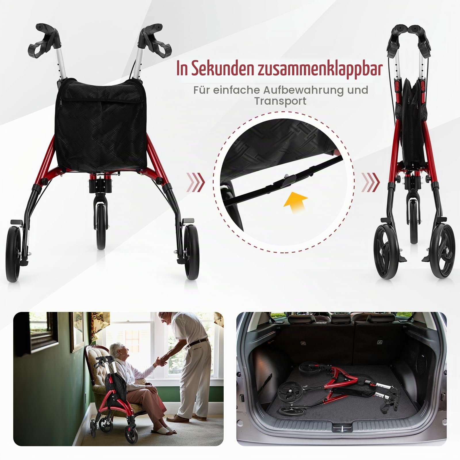 FANTASK Dreirad Rollator faltbar und leicht, 3-Rad Leichtgewichtrollator mit Sitz 6-fach höhenverstellbar, Gehwagen mit Tasche & Bremse, Aluminiumrahmen für Senioren & Erwachsene (Rot)