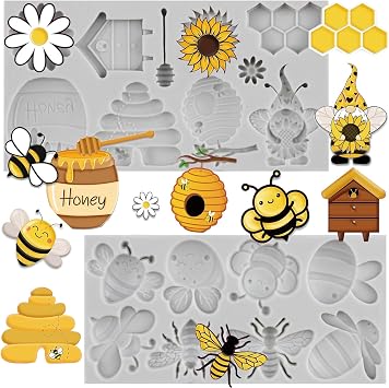 Bumble Bee Fondant Molds 3D Honeycomb Silicone Molds Set Of 2 | Sunflowers Honey Bumblebee Cupcake Cookie Baking Decorating Mold Cupcake Topper Candy Chocolate Gum Paste Polymer Clay