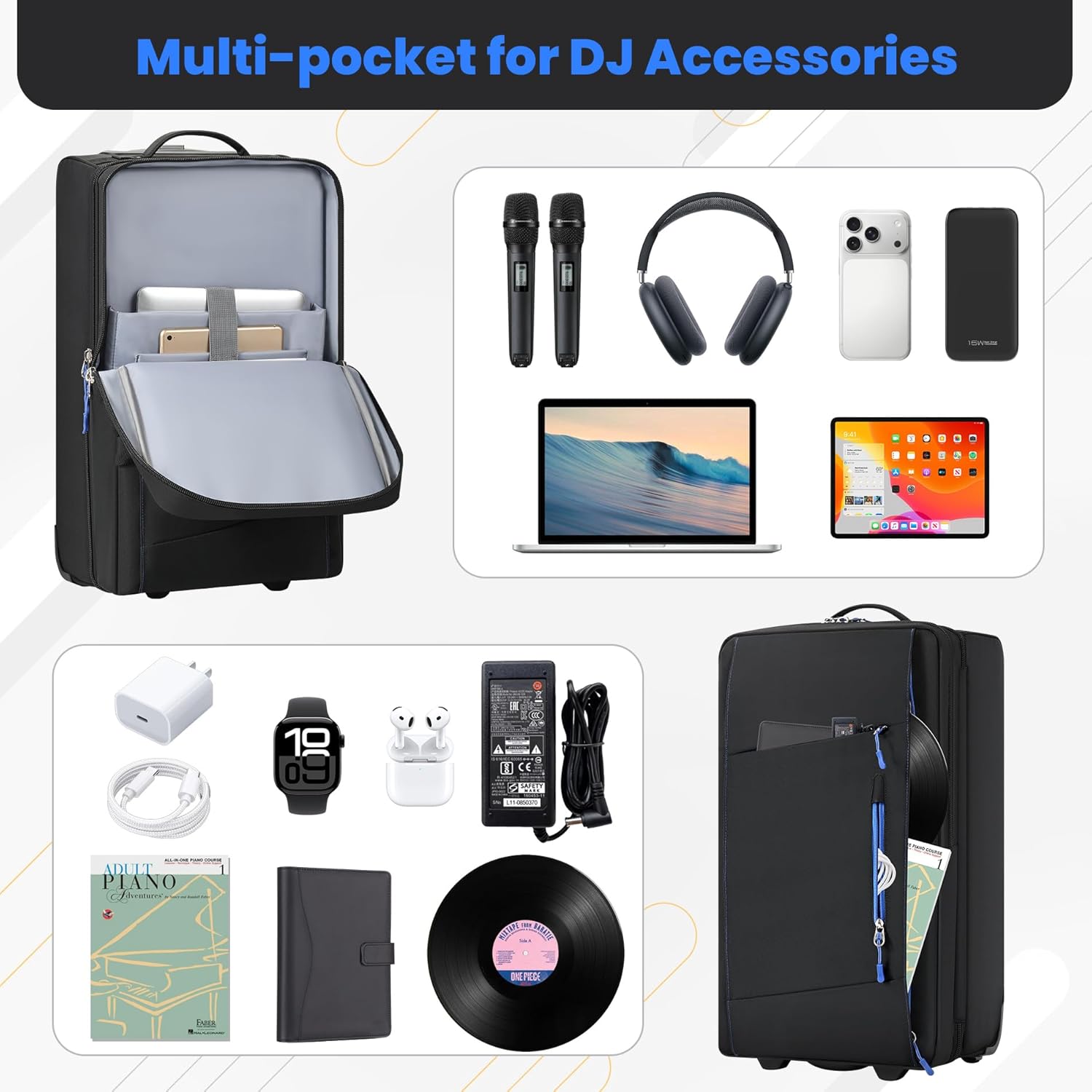 DJ Controller Case with Wheels Compatible with DDJ FLX4 / FLX2 / 400 / 200 / REV1 / SB3, DJ Case Soft Padded with Multi-pocket for DJ Accessories & 15.6'' Laptop, Rolling DJ Roller Bag for Gig, Travel