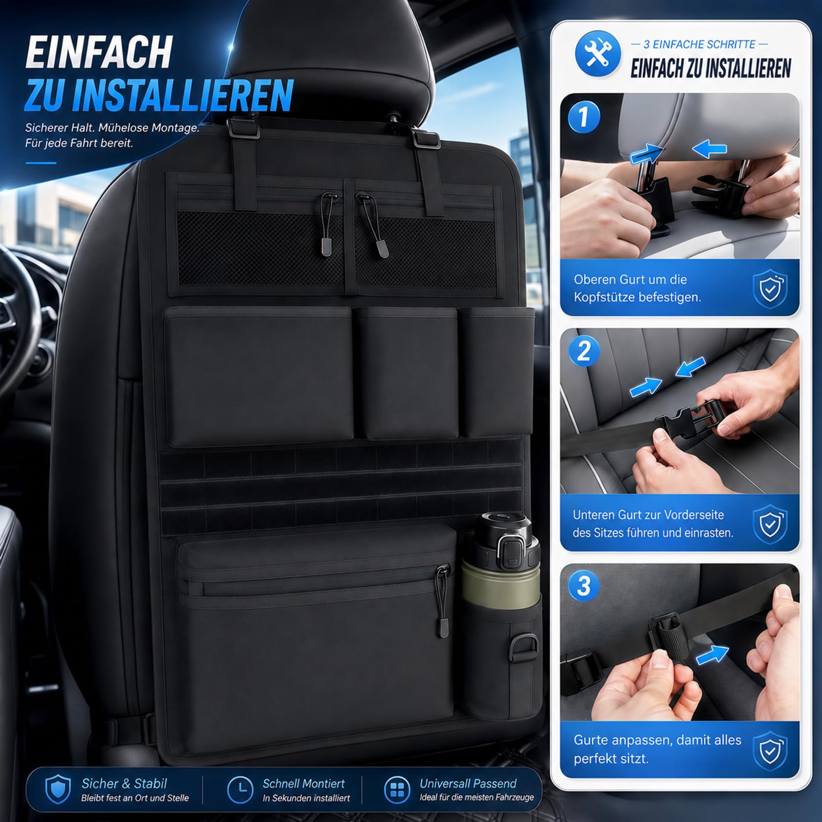Rücksitz Organizer, Taktischer Autositz Organizer 7 Taschen Autositz Tasche mit 2 Netztaschen, 3 Taschen, 1 Reißverschlusstasche, 1 Becherhalter & MOLLE-System Sitztaschen für Autositz, 42x61cm