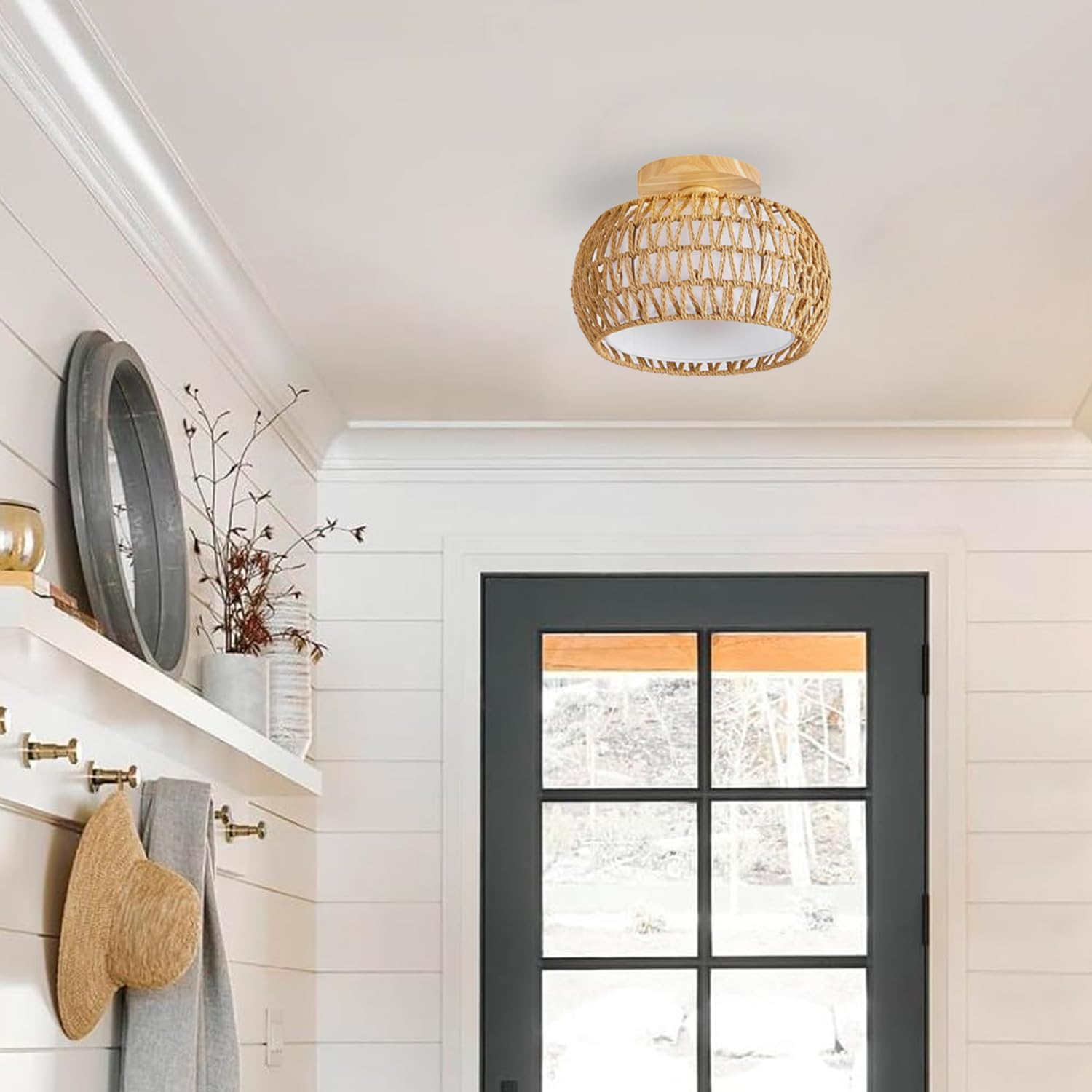 Boho Ceiling Light Fixtures 11.8" Rattan Chandelier Hand-Woven Semi Flush Mount Ceiling Lights for Bedroom Nursery Kitchen Hallway
