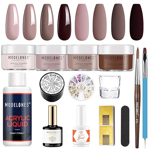 Modelones Kit de uñas acrílicas, suministros de uñas acrílicas marrón nude, monómero profesional, pegamento de diamantes de imitación líquido,