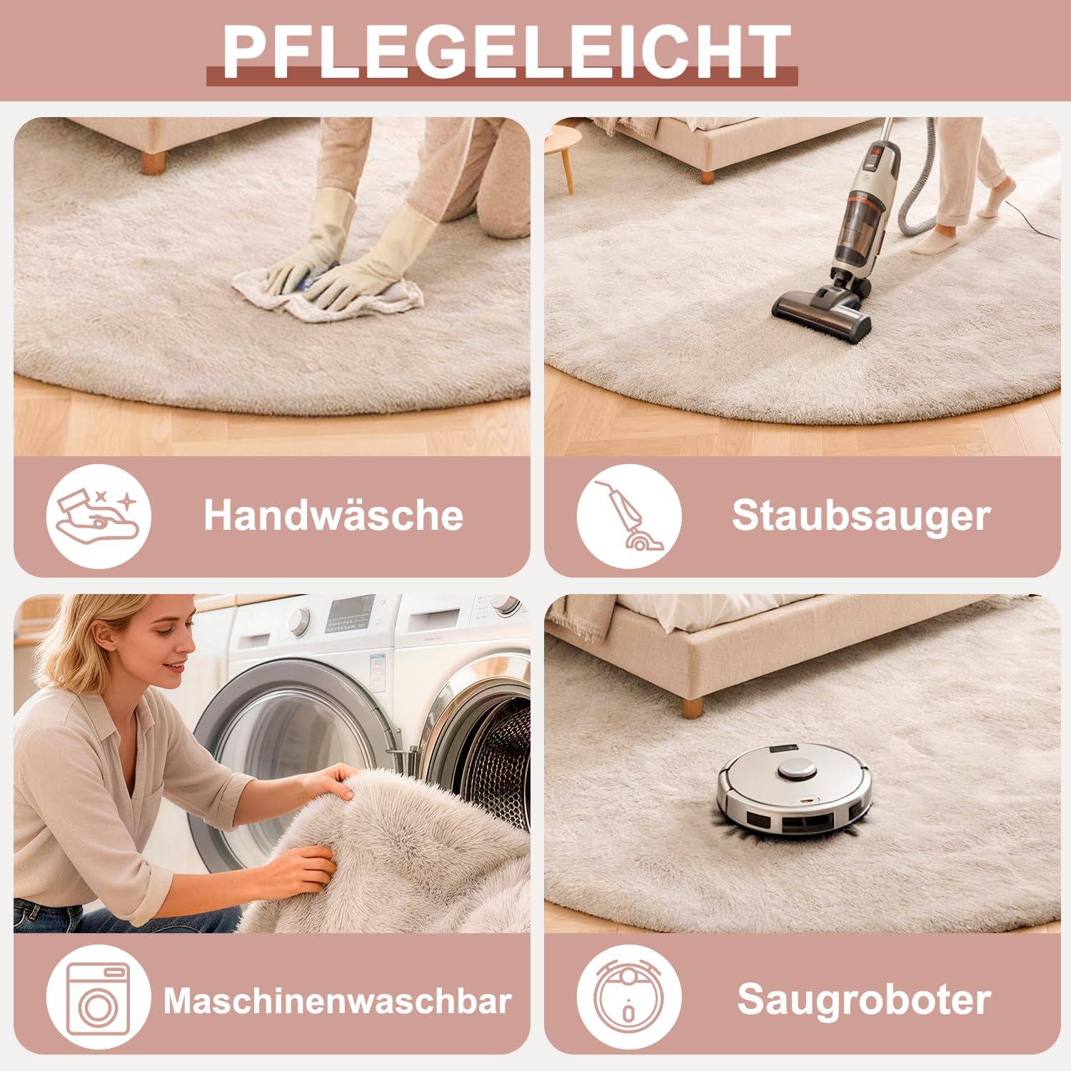 Teppich rund 90 cm Beige, Kunstfell, flauschig, waschbar | maschinenwaschbar, Kaninchenfell-Optik, ultraweicher Flor, rutschfeste Rückseite, OEKO-TEX, für Schlafzimmer und Wohnzimmer