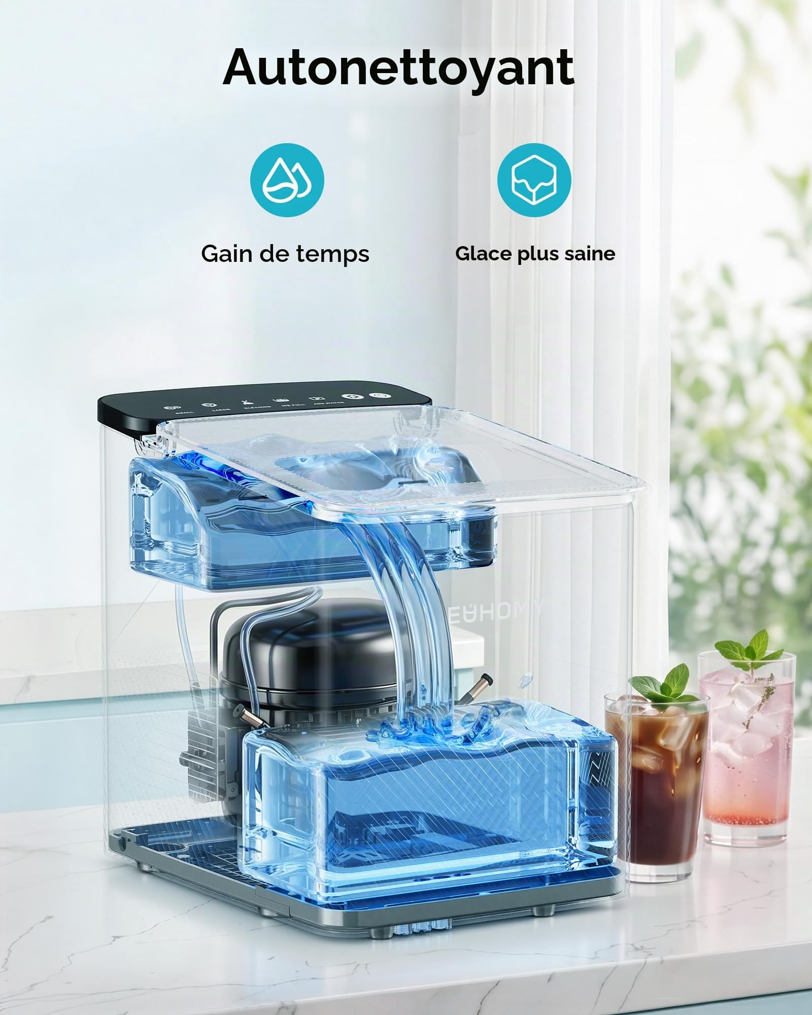 EUHOMY Machine à Glaçons Conception Compacte Réglage à Un Bouton 9 Glaçons en 2 Tailles Nettoyage Automatique Alertes Intelligentes Couvercle Transparent Noir pour Bureau/Cuisine/Chambre