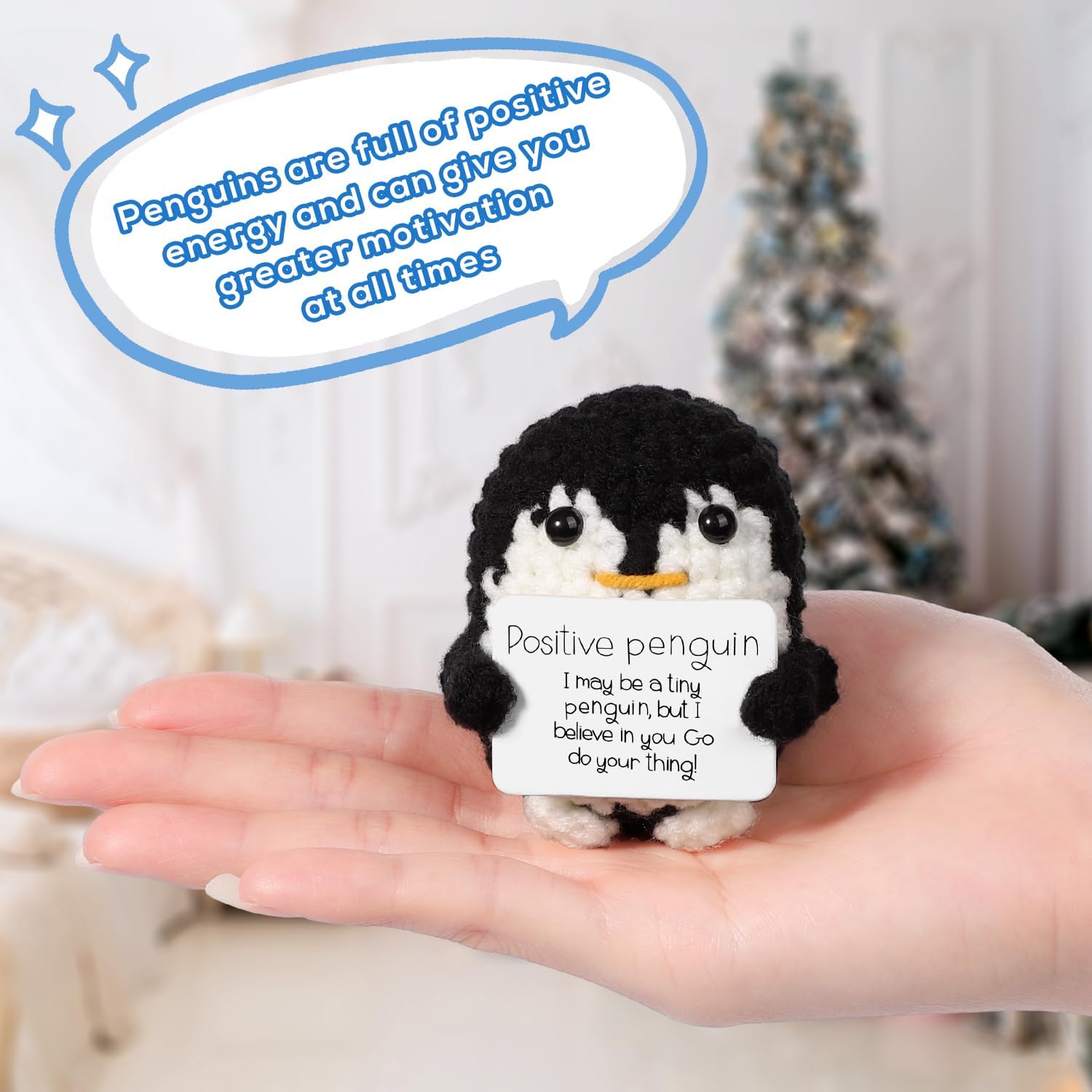 BOXOB Mini Funny, 2.6 Inch Cute Knitted Penguin Toy with Positive Card Crochet Doll Cheering Gift for Family Friends Encouragement Party Decoration(Black) - Image 5