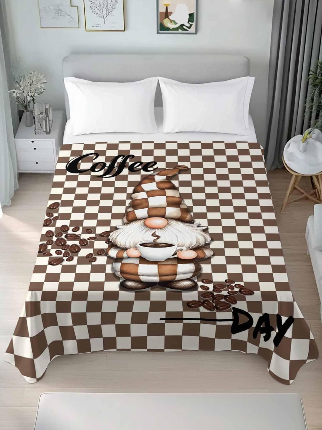 Top Sheet Queen Bedding Flat Sheet Only, Gnome Coffee Beans Microfiber Bed Sheets Soft Breathable Bedding Flat Sheets, Classic Brown Buffalo Plaid Hotel Luxury Top Sheets