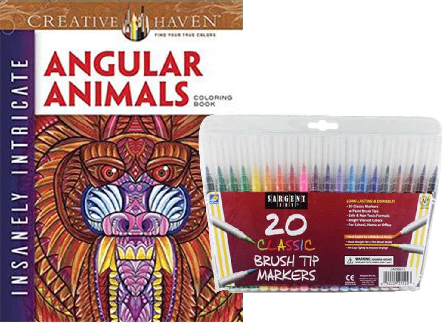 Dover Adult Coloring Book, Insanely Intricate Angular Animals and Sargent Art Firm Brush Tip Markers in a Case, Set of 20: Stress Relieving, Elaborate Wild Creatures to Color and Enjoy!