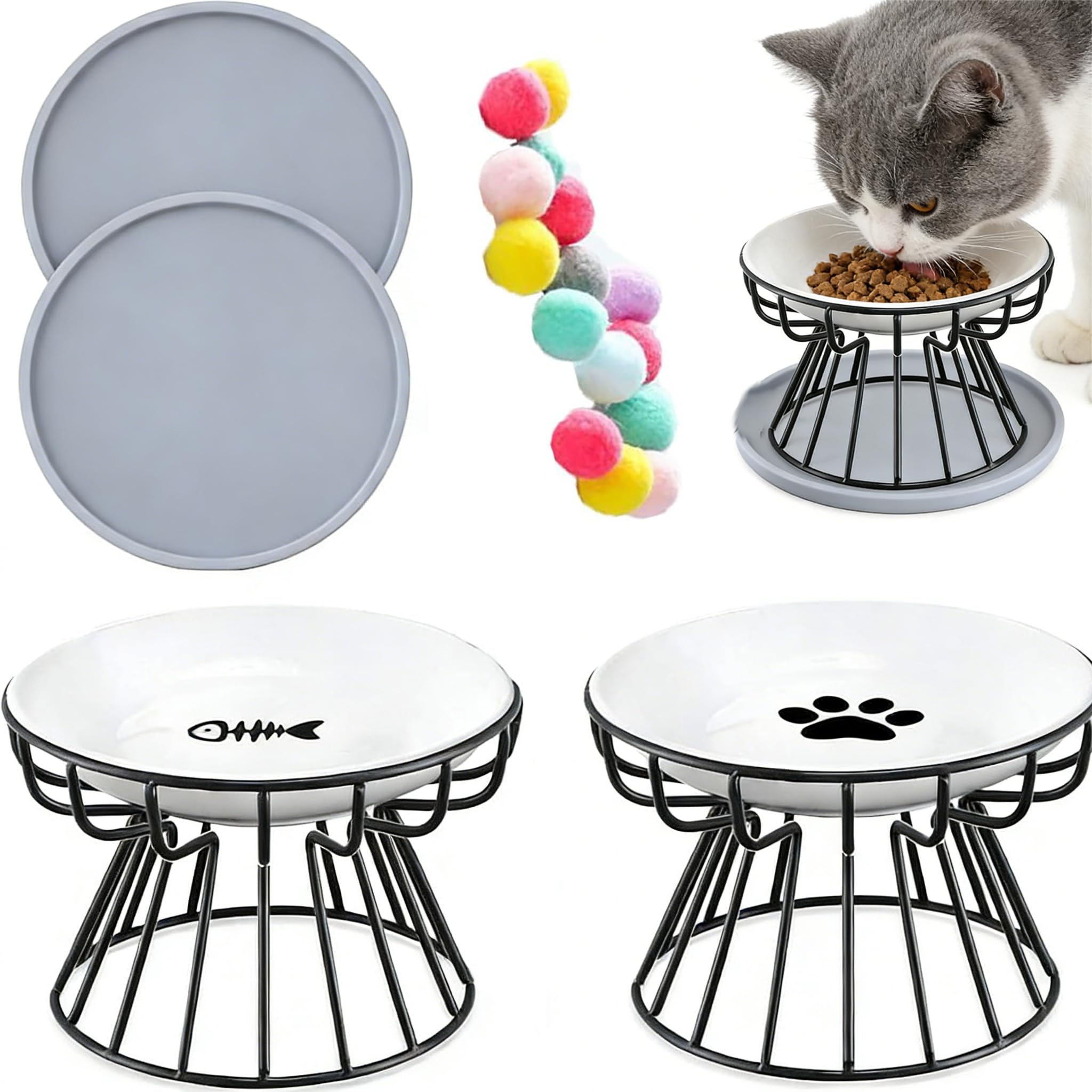 QualfsTerric 2 Pieces Elevated Cat Bowls Stand Tilted Pet Raised Ceramic Bowls with Non-Slip Mat and Cat Toy Ball for Cats and Puppy Dogs (Black)
